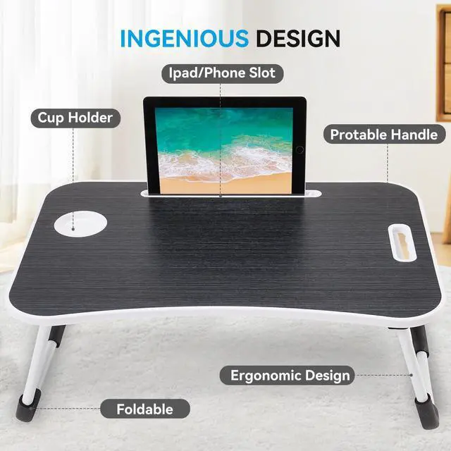 Alt view image 3 of 5 - Folding Lap Desk, 23 Inch Portable Wood Black Laptop Bed Desk Lap Desk with Cup Holder, for Working Reading Writing, Eating, Watching Movies for Bed Sofa Couch Floor