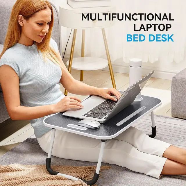 Alt view image 5 of 5 - Folding Lap Desk, 23 Inch Portable Wood Black Laptop Bed Desk Lap Desk with Cup Holder, for Working Reading Writing, Eating, Watching Movies for Bed Sofa Couch Floor