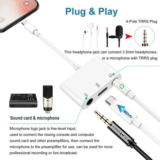 Alt view image 3 of 7 - USB C to Microphone Adapter for Live-Streaming Type C to Microphone & 3.5mm Headphone Adapter with Charging Port USB C Audio & MIC Splitter Compatible for iPhone 16/17 iPad Pro/Galaxy 25 24/Pixel 9 8