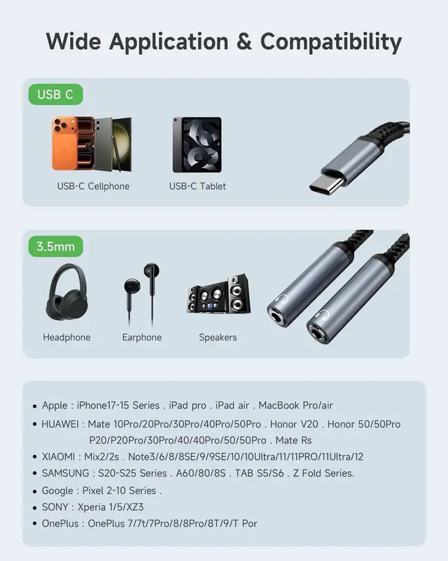 Alt view image 4 of 7 - USB C to 3.5mm Audio Splitter, Type C to Dual 3.5mm Female Headphone Jack Adapter, Hi-Res Stereo Audio Sharing Y Cable for iPhone 17/16/15, Galaxy S25/S24/S23/S22, Pixel 4/3 XL