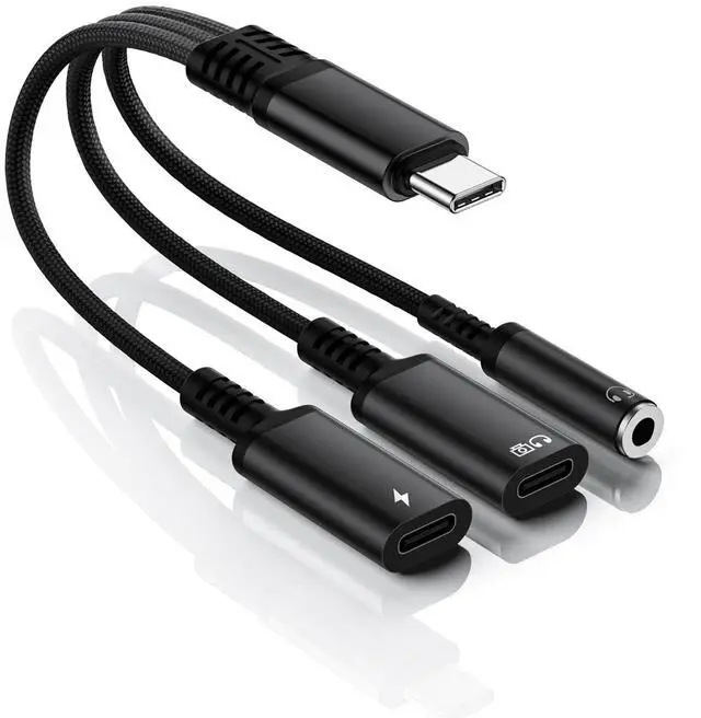 Main image of 60W Fast Charger & 3.5mm Audio Adapter, Type-C to Headphone Jack Converter with Braided Cable - Simultaneous Charging & Music for iPhone 15/Android/Gaming (Black)