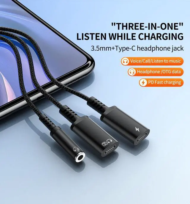 Alt view image 2 of 7 - 60W Fast Charger & 3.5mm Audio Adapter, Type-C to Headphone Jack Converter with Braided Cable - Simultaneous Charging & Music for iPhone 15/Android/Gaming (Black)