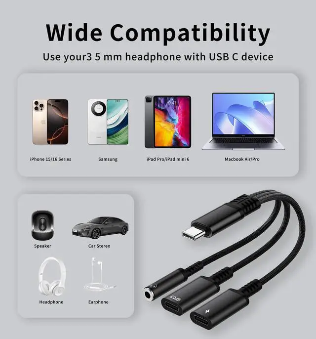 Alt view image 7 of 7 - 60W Fast Charger & 3.5mm Audio Adapter, Type-C to Headphone Jack Converter with Braided Cable - Simultaneous Charging & Music for iPhone 15/Android/Gaming (Black)