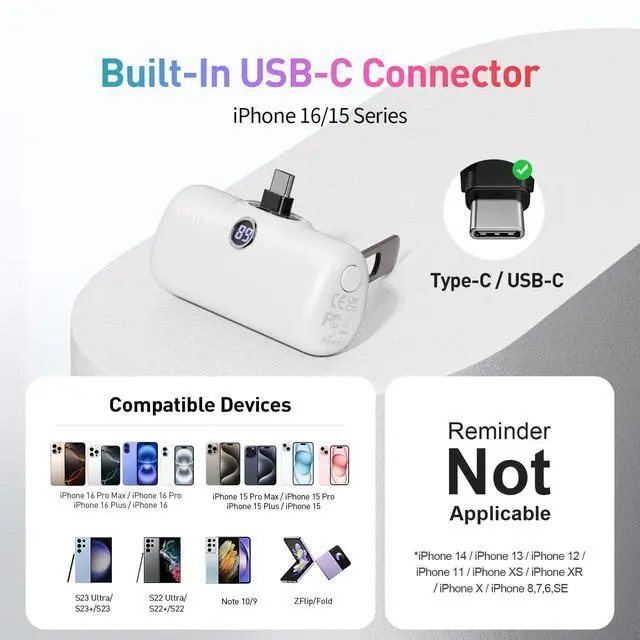 Alt view image 4 of 6 - Portable Charger for iPhone 16 iPhone 17 Series, 20W PD Fast Charging USB-C Power Bank, LED Display, 5000mAh Battery Pack Compatible with iPhone 15 Plus,15 Pro,15 Pro Max,Samsung Andriod