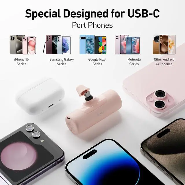 Alt view image 2 of 6 - Portable Charger for iPhone 15/16/17, Power Bank with Build-in USB C Connector, 4,500mAh Battery Pack Phone Charger for iPhone Series, Samsung S22/23/24 Series and Android, Pink