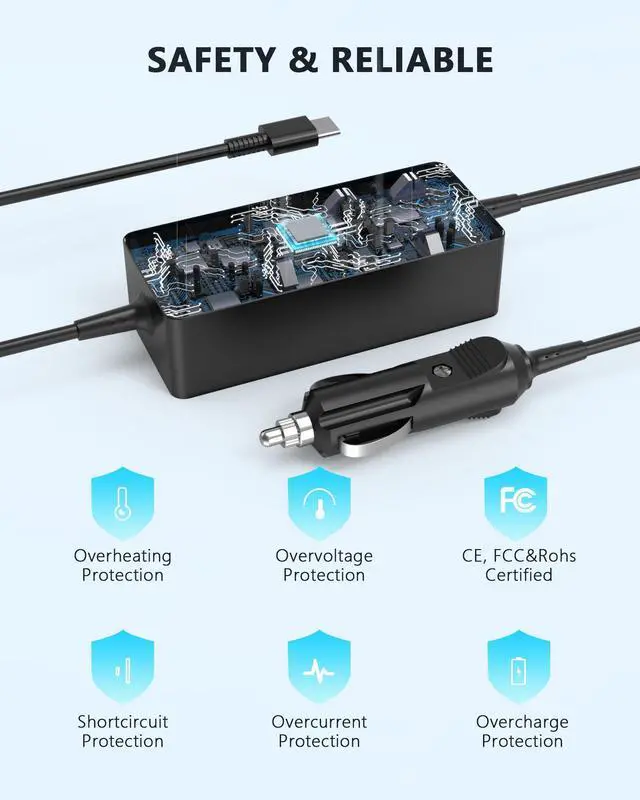 Alt view image 3 of 7 - 100W USB-C Laptop Car Charger Compatible with Dell, HP, Lenovo, MacBook, Microsoft Surface, MSI, Acer, Samsung, Asus, LG gram, Razer, Google Pixel Universal Type C Power Adapter