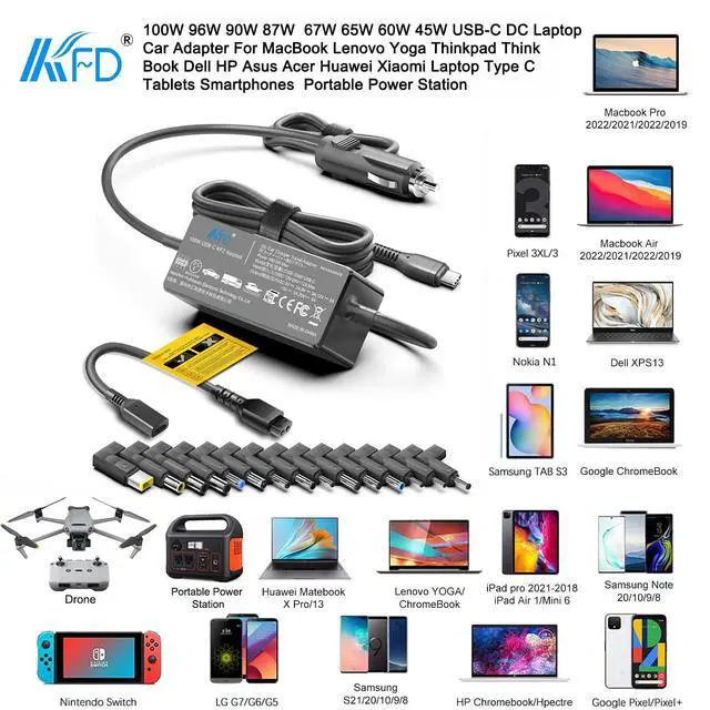 Alt view image 2 of 7 - Universal Laptop Car Charger PD 100W 90W 87W 67W 65W 61W 45W USB C DC Adapter for MacBook Surface Lenovo Dell HP Gateway Asus Acer Samsung Sony Monitor LG TV Soundbar Speaker Power Station Cord