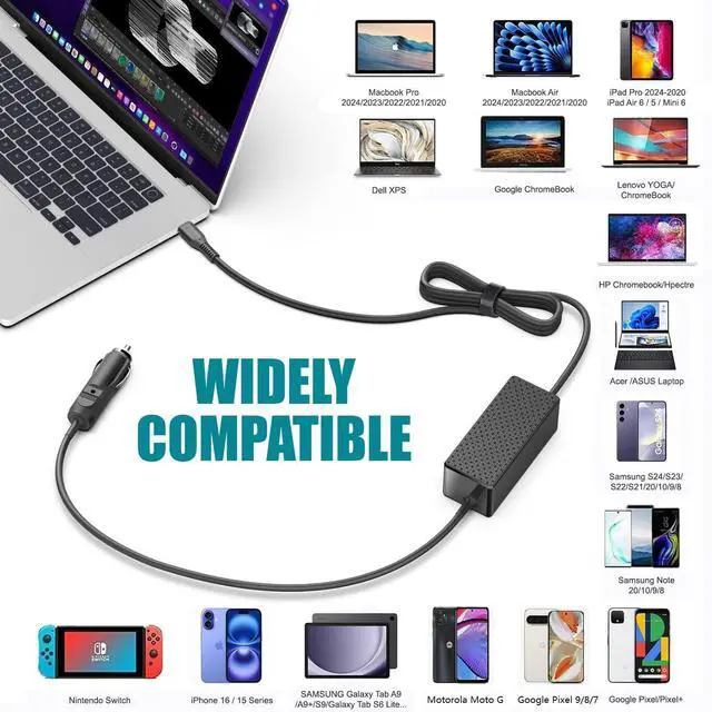 Alt view image 2 of 7 - Laptop Car Charger USB C PD 100W 95W 90W 65W 45W DC Adapter for Lenovo Thinkpad/Yoga/IdeaPad,Dell Latitude/XPS,LG Gram,MacBook Pro/Air,HP Spectre/Elitebook,Surface,Acer,Asus,MSI,Chromebook Charger