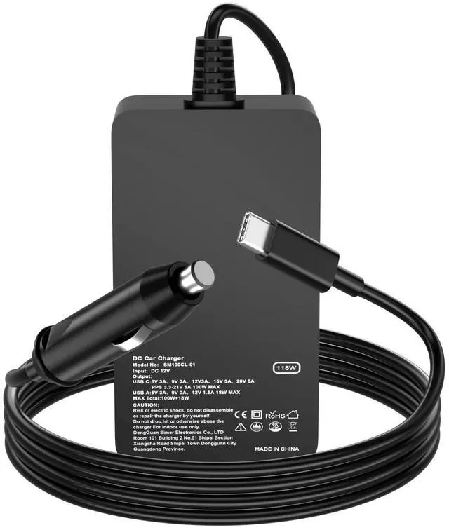 Main image of Laptop Car Charger 100W, USB C Port Replacement for MacBook Pro/Air, Dell, HP, Lenovo,ASUS, Acer - with Extra USB-A Port for Tablets, Phones, Earbuds and More Other USBC Devices Computer AC Adapter
