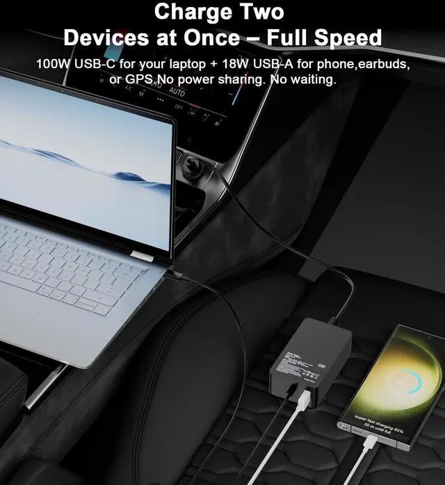 Alt view image 2 of 6 - Laptop Car Charger 100W, USB C Port Replacement for MacBook Pro/Air, Dell, HP, Lenovo,ASUS, Acer - with Extra USB-A Port for Tablets, Phones, Earbuds and More Other USBC Devices Computer AC Adapter