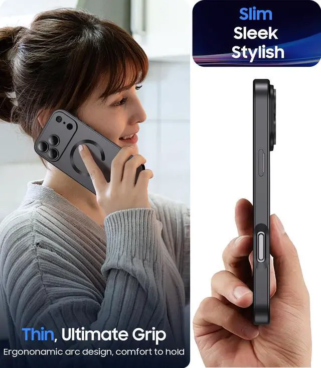 Alt view image 3 of 4 - Magnetic for iPhone 17 Pro Max Case, Compatible with MagSafe, Built-in Camera Lens Protector, Slim Thin Soft Silicone Bumper Shockproof Metallic Luster Phone Case, Black