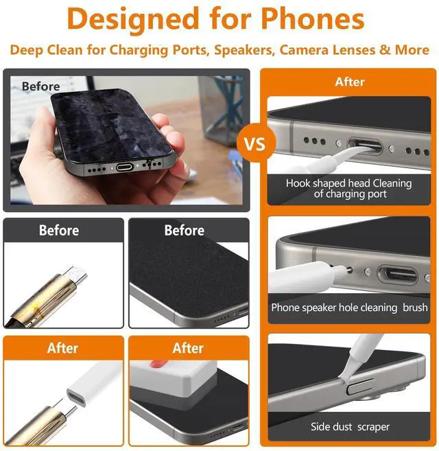 Alt view image 2 of 7 - Cell Phone Cleaning Kit, iPhone Cleaning Kit for Charging Port Cleaner Keyboard Cleaning Kit for Airpods/Android/USB C/Earbuds/Laptop/iPad/Camera Lens with Stylus Pen (White)