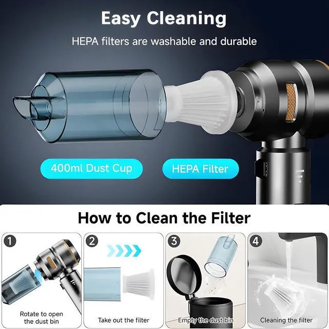 Alt view image 4 of 7 - Handheld Vacuum Cordless, Car Vacuum Cleaner, Portable Mini Compressed Air Blower, Duster. Strong Suction Brushless Motor. 4-in-1 21000Pa Wireless Hand Vacuum, Type C Port, for Car, Home, Office.