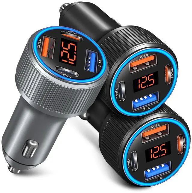 Main image of USB C Car Charger, 3 Pack 65W Dual 12V Car Power Adapter with Voltmeter QC+PD 3.0 Multi Port Fast Charging Cigarette Lighter USB Charger for iPhone 17 16 15 14 13 12 Pad Pro Max, Android(Black Gray)
