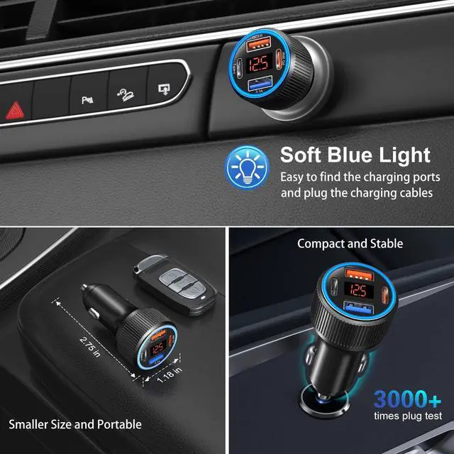 Alt view image 4 of 7 - USB C Car Charger, 3 Pack 65W Dual 12V Car Power Adapter with Voltmeter QC+PD 3.0 Multi Port Fast Charging Cigarette Lighter USB Charger for iPhone 17 16 15 14 13 12 Pad Pro Max, Android(Black Gray)