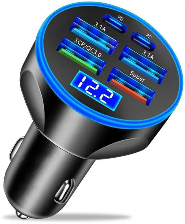 Main image of Super Fast Charge USB C Car Phone Charger Adapter 6 in 1 with Voltage Display 250W Multi Port Cigarette Lighter USB Charge for iPhone 16 15 14 13 12 11 Samsung Galaxy Huawei Oneplus Oppo Vivo