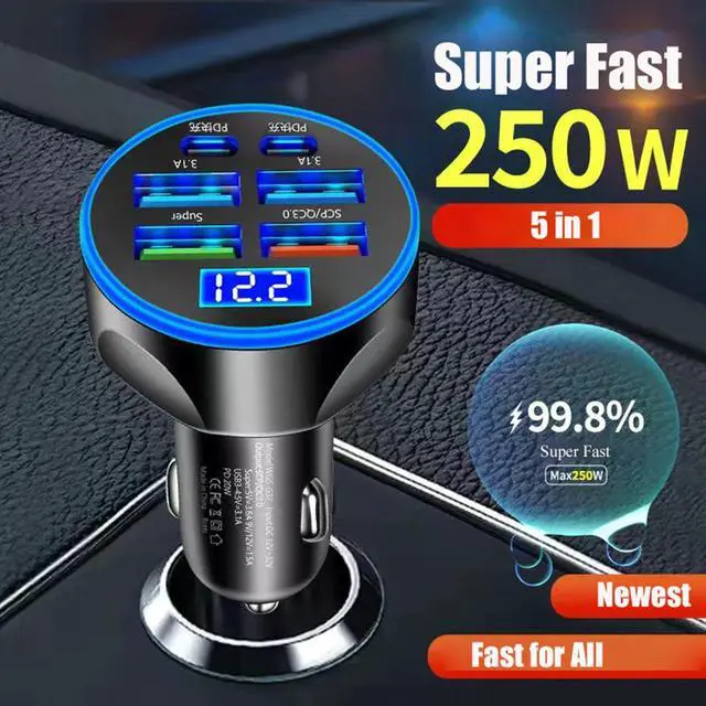 Alt view image 3 of 7 - Super Fast Charge USB C Car Phone Charger Adapter 6 in 1 with Voltage Display 250W Multi Port Cigarette Lighter USB Charge for iPhone 16 15 14 13 12 11 Samsung Galaxy Huawei Oneplus Oppo Vivo