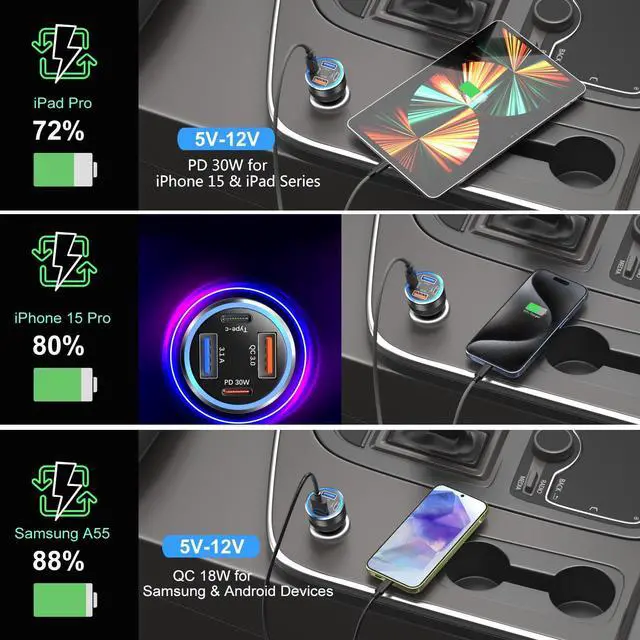 Alt view image 5 of 7 - Car Charger Adapter 5 Pack, 65W Multi Port 12V USB C & USB A Car Charger PD+QC 3.0 Fast Charging Cigarette Lighter USB Adapter Plug for iPhone 16 15 14 13 Pro Max iPad Samsung Android(Black)