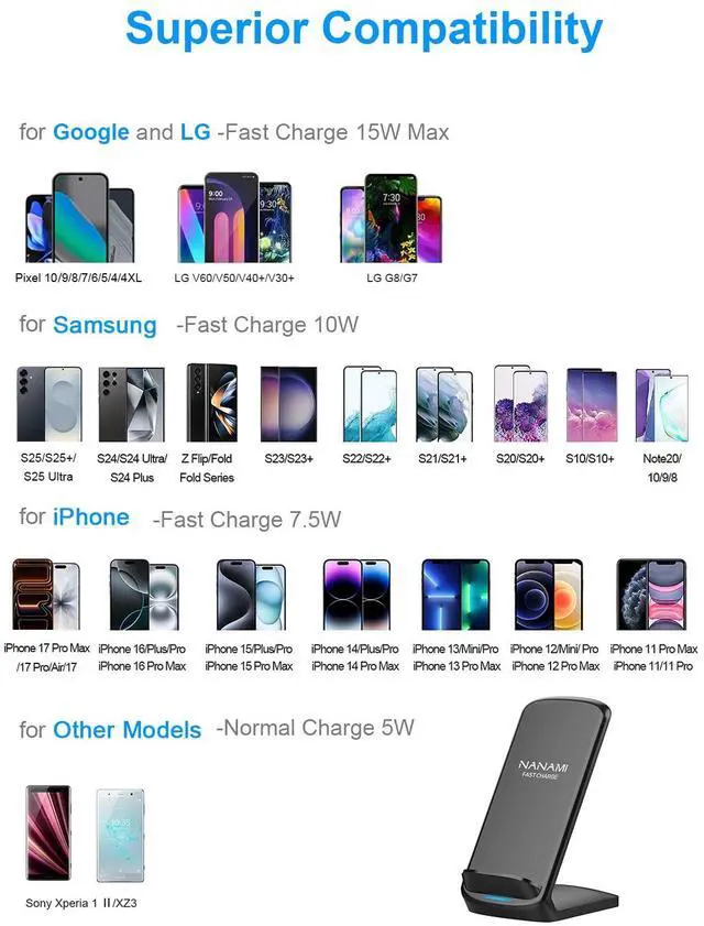 Alt view image 3 of 7 - Upgraded Fast Wireless Charger, Qi-Certified Wireless Charging Stand Compatible with Samsung Galaxy S25/S24/S23/S22/S21/S20 & Qi Phone Charger for iPhone 17/17 Air/16/16 Plus/16 Pro/15/14/13