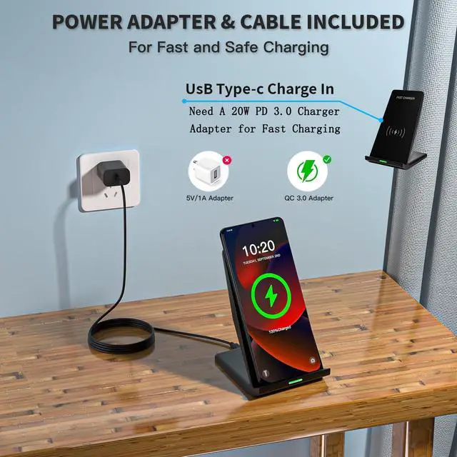 Alt view image 3 of 7 - Wireless Charger Station,15W Desk Wireless Charging Stand 20W USB C Adapter for Apple iPhone 17 Pro/17/17/Air/16 Pro/16E/16 Plus/15/14/13,Samsung Galaxy S25/S24/S23/S22/Z Flip Fold/Note 20,Google etc