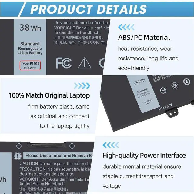Alt view image 5 of 7 - 38Wh F62G0 Battery for Dell Inspiron 13 7000 7373 i7373 7386 2-in-1 7370 7380 5370 13-7373-0842 Series P83G P87G P91G P83G001 P83G002 P87G001 Vostro 13 5370 39DY5 039DY5 0F62G0 RPJC3 F62GO 11.4V