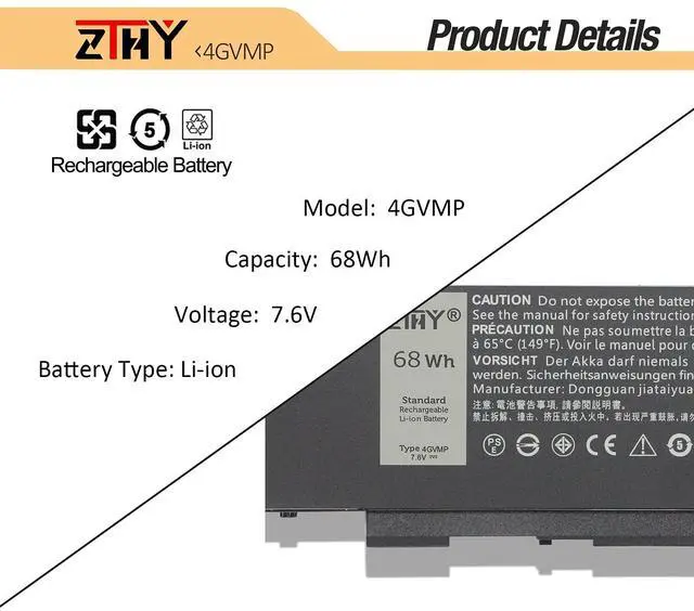 Alt view image 3 of 7 - 4GVMP 68Wh Laptop Battery Replacement for Dell Latitude 5400 5500 Precision 3540 3550 Inspiron 7590/7591/7791 2-in-1 P84F P84F001 P42E P42E001 P98G001 P80F001 RF7WM X77XY C5GV2 R8D7N 1V1XF 7.6V 4-Cell