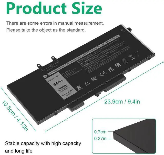 Alt view image 3 of 7 - 68Wh 3HWPP Laptop Battery Replacement for Dell Latitude 5401 5410 5411 5501 5510 5511 Precision 3541 3551 Inspiron 7706 2-in-1, 17 7500/7506 2-in-1 Black 10X1J N2NLL 1VY7F 451-BCMN 15.2V