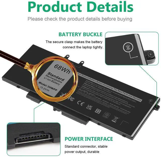 Alt view image 4 of 7 - 68Wh 3HWPP Laptop Battery Replacement for Dell Latitude 5401 5410 5411 5501 5510 5511 Precision 3541 3551 Inspiron 7706 2-in-1, 17 7500/7506 2-in-1 Black 10X1J N2NLL 1VY7F 451-BCMN 15.2V