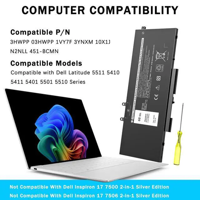Alt view image 5 of 6 - 68Wh 3HWPP Laptop Battery Compatible with Dell Latitude 5401 5410 5411 5501 5510 5511 Precision 3541 3551 Inspiron 17 7500/7506 2-in-1 Black Edition 10X1J N2NLL 3YNXM 451-BCMN