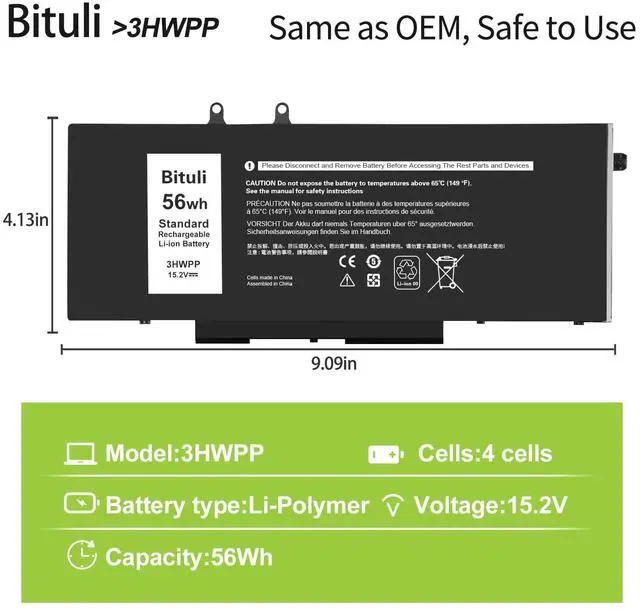 Alt view image 2 of 6 - 3HWPP Replacement Battery for Dell Latitude 5410 5510 5501 5401 5411 5511 Precision 3541 3551 7706 2-in-1 17 7500 7506 2-in-1 Black 03HWPP 10X1J N2NLL 1VY7F 451-BCMN 56Wh