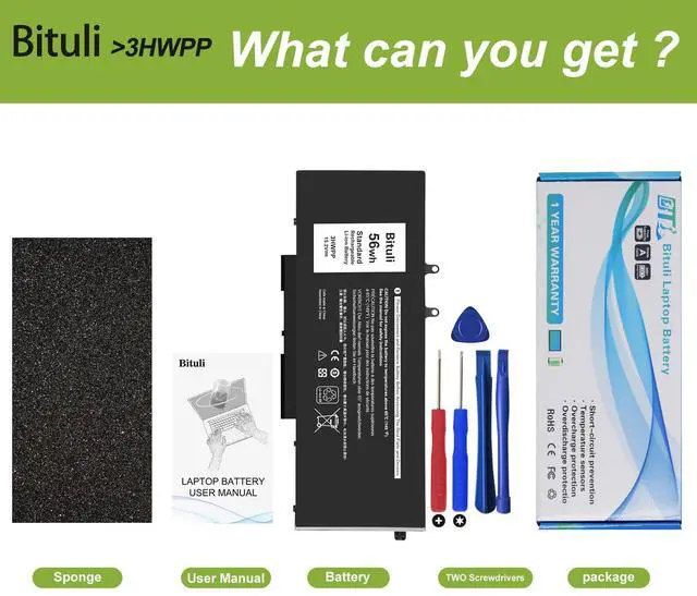 Alt view image 6 of 6 - 3HWPP Replacement Battery for Dell Latitude 5410 5510 5501 5401 5411 5511 Precision 3541 3551 7706 2-in-1 17 7500 7506 2-in-1 Black 03HWPP 10X1J N2NLL 1VY7F 451-BCMN 56Wh