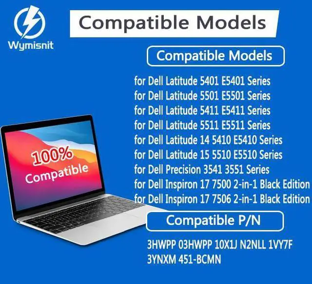 Alt view image 2 of 6 - 68Wh 3HWPP Laptop Battery Replacement for Dell Latitude 5510 5410 5501 5401 5511 5411 Precision 3541 3551 Inspiron 7706 2n1 Inspiron 17 7500 7506 2-in-1 Black Edition 03HWPP 10X1J N2NLL 1VY7F 451-BCMN