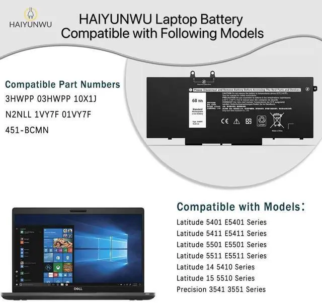 Alt view image 5 of 7 - 68Wh 3HWPP Laptop Battery Compatible with Dell Latitude 5401 5410 5411 5501 5511 5510 Precision 3541 3550 3551 Inspiron 7500 7506 7706 2-in-1 03HWPP 10X1J N2NLL 1VY7F 451-BCMN