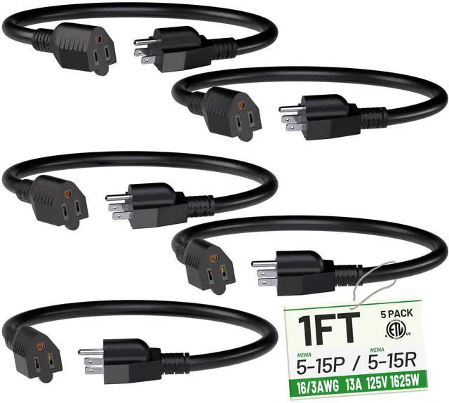 Main image of Short Extension Cord 1 Foot Black 5 Pack, 16/3 Gauge Indoor Power Extension Cable, 13A 125V 1625W 16AWG, 3 Prong Outlet Saver NEMA 5-15P to NEMA 5-15R, ETL Listed POWGRN