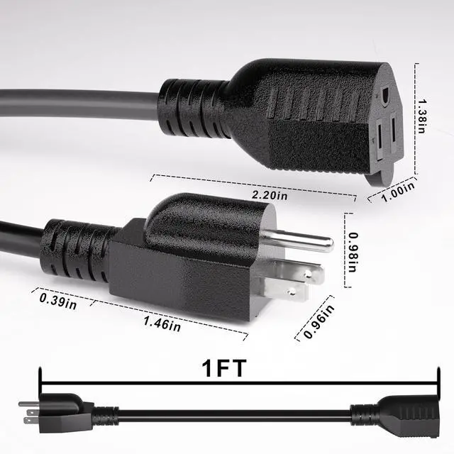 Alt view image 2 of 7 - Short Extension Cord 1 Foot Black 5 Pack, 16/3 Gauge Indoor Power Extension Cable, 13A 125V 1625W 16AWG, 3 Prong Outlet Saver NEMA 5-15P to NEMA 5-15R, ETL Listed POWGRN