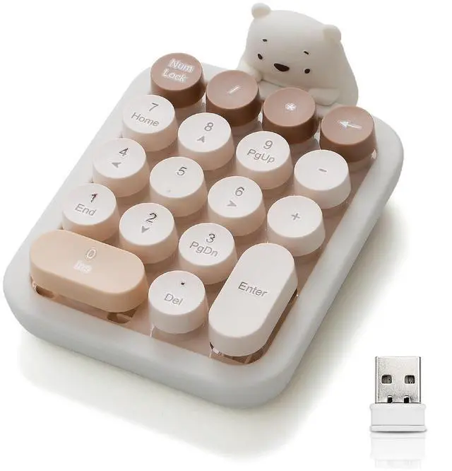 Main image of Cute Wireless Numeric Keypad with Silicone Bear, Colorful Round Keycaps, 2.4G USB Wireless Connection, Portable Financial Accounting Numpad Number Keyboard, Suitable for PC, Laptop (MilkTea)
