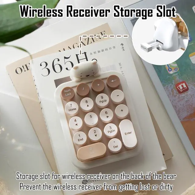 Alt view image 5 of 7 - Cute Wireless Numeric Keypad with Silicone Bear, Colorful Round Keycaps, 2.4G USB Wireless Connection, Portable Financial Accounting Numpad Number Keyboard, Suitable for PC, Laptop (MilkTea)