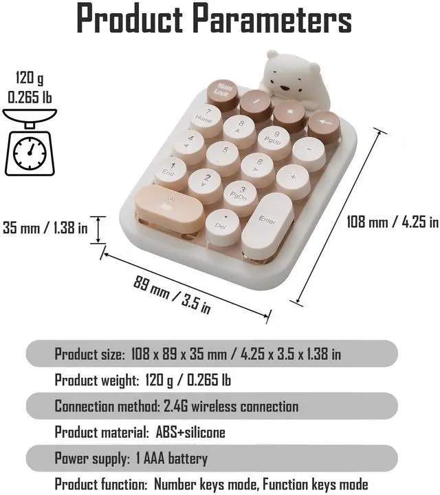 Alt view image 6 of 7 - Cute Wireless Numeric Keypad with Silicone Bear, Colorful Round Keycaps, 2.4G USB Wireless Connection, Portable Financial Accounting Numpad Number Keyboard, Suitable for PC, Laptop (MilkTea)