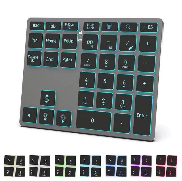 Main image of Tri-Mode Aluminum Numpad 7-Color LED Backlit, BT5.0/USB/2.4G Wireless Rechargeable Number Pad 35-Key Scissor Switches Light Up Keycaps for PC/Laptop/Win/Mac, Grey Black