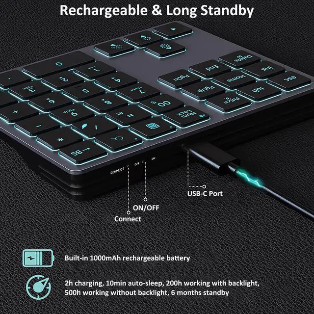 Alt view image 3 of 7 - Tri-Mode Aluminum Numpad 7-Color LED Backlit, BT5.0/USB/2.4G Wireless Rechargeable Number Pad 35-Key Scissor Switches Light Up Keycaps for PC/Laptop/Win/Mac, Grey Black