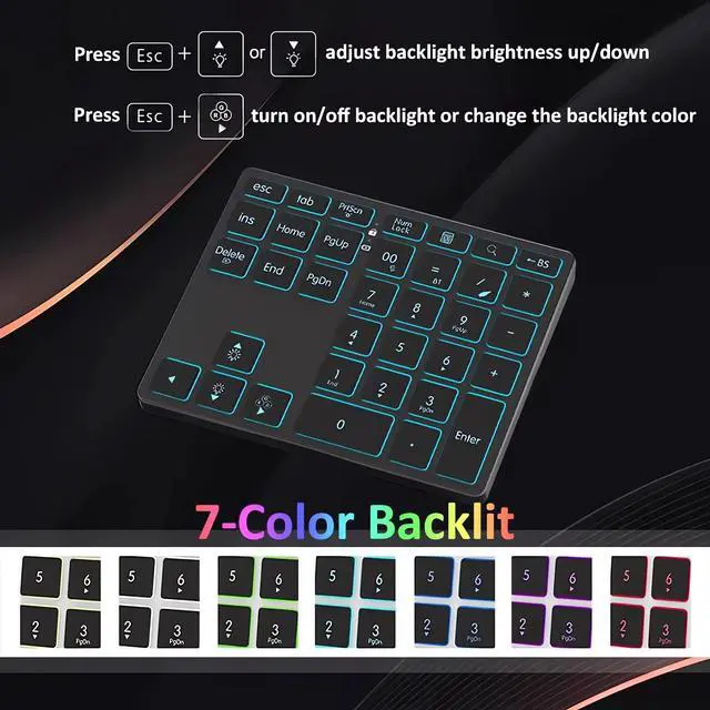 Alt view image 4 of 7 - Tri-Mode Aluminum Numpad 7-Color LED Backlit, BT5.0/USB/2.4G Wireless Rechargeable Number Pad 35-Key Scissor Switches Light Up Keycaps for PC/Laptop/Win/Mac, Grey Black