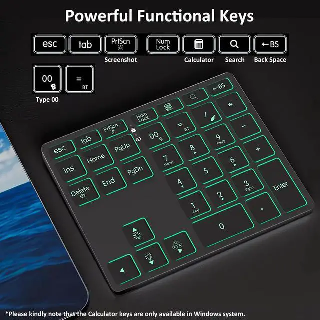 Alt view image 5 of 7 - Tri-Mode Aluminum Numpad 7-Color LED Backlit, BT5.0/USB/2.4G Wireless Rechargeable Number Pad 35-Key Scissor Switches Light Up Keycaps for PC/Laptop/Win/Mac, Grey Black