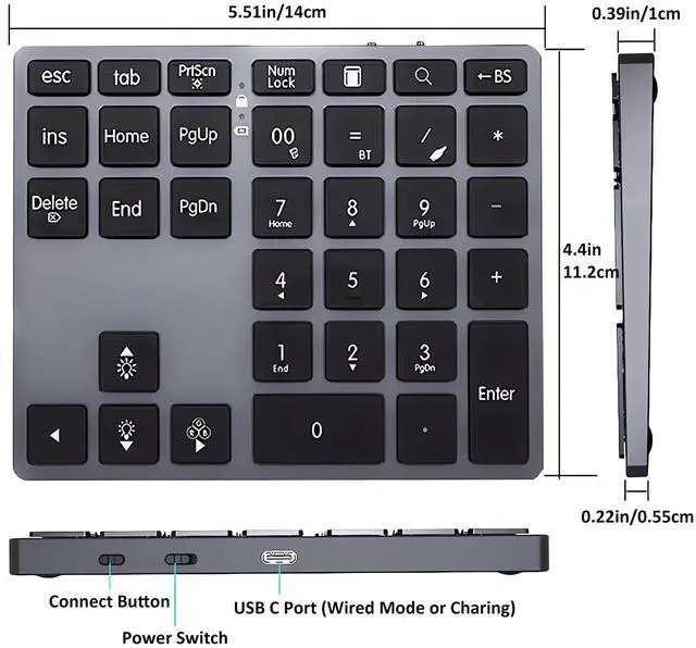 Alt view image 7 of 7 - Tri-Mode Aluminum Numpad 7-Color LED Backlit, BT5.0/USB/2.4G Wireless Rechargeable Number Pad 35-Key Scissor Switches Light Up Keycaps for PC/Laptop/Win/Mac, Grey Black