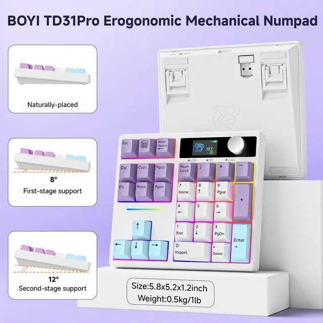 Alt view image 5 of 7 - TD31Pro Mechanical Number Pad,Bluetooth5.0/2.4G/Type-C Wireless Numeric Keypad,RGB HotSwap Numpad with Screen&Knob,PBT Keycap Rechargeable Gasket Number keypad for PC Laptop Desktop(White-Purple)