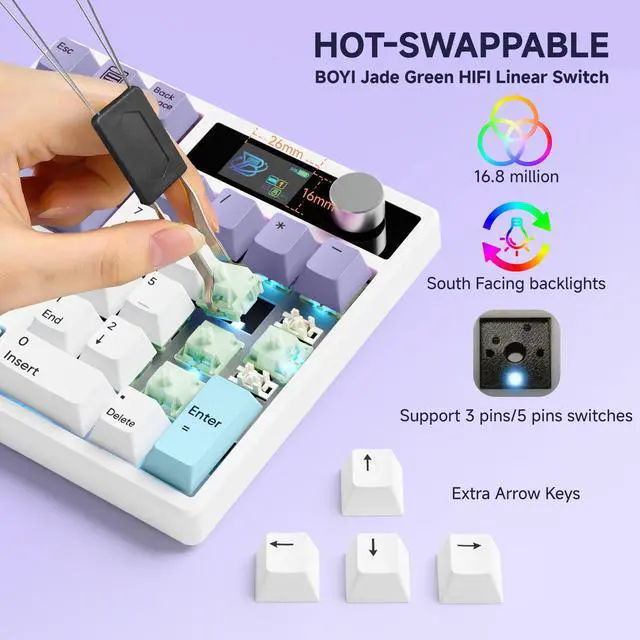 Alt view image 4 of 7 - TD31Pro Mechanical Number Pad,Bluetooth5.0/2.4G/Type-C Wireless Numeric Keypad,RGB HotSwap Numpad with Screen&Knob,PBT Keycap Rechargeable Gasket Number keypad for PC Laptop Desktop(White-Purple)