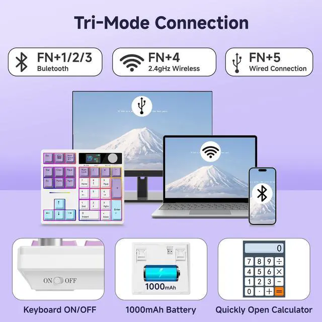 Alt view image 6 of 7 - TD31Pro Mechanical Number Pad,Bluetooth5.0/2.4G/Type-C Wireless Numeric Keypad,RGB HotSwap Numpad with Screen&Knob,PBT Keycap Rechargeable Gasket Number keypad for PC Laptop Desktop(White-Purple)