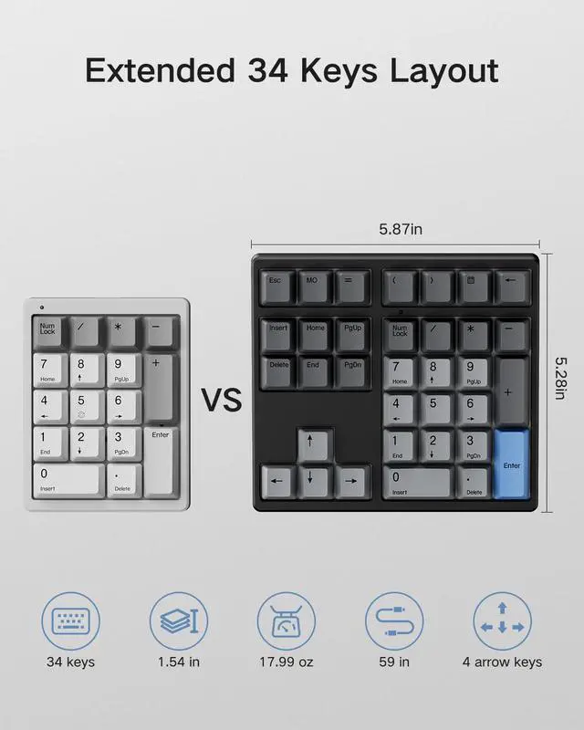 Alt view image 7 of 7 - Custom Mechanical Number Pad, QMK/VIA Programmable Hot Swappable Numpad 34 Keys Wired USB RGB Backlit Numeric Keypad with PBT Keycaps for Laptop, MacBook,Compact Keyboards (Black, Linear Switch)