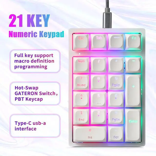 Alt view image 2 of 7 - Mechanical Numeric Keypad Hot-Swap Red axis Wired Gaming RGB Backlit PBT Keycap 21 Keys Mini Numpad Portable Keypad Extended Layout(Red axis)