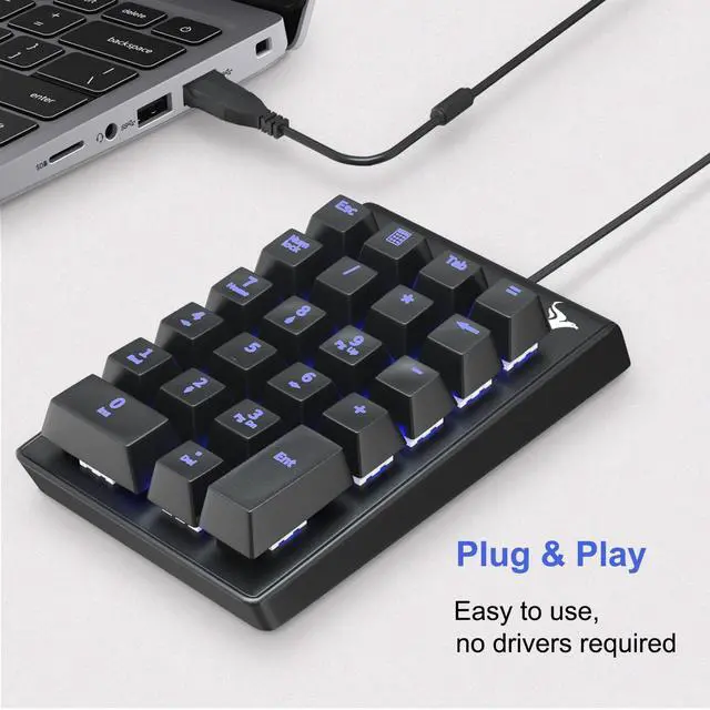 Alt view image 3 of 7 - Number Pad, Mechanical USB Wired Numeric Keypad with Blue LED Backlit 22 Key Numpad for Laptop Desktop Computer PC Black (Blue switches)
