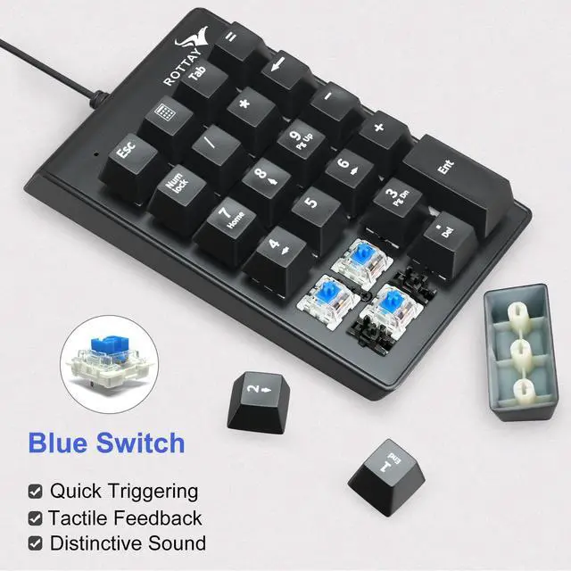 Alt view image 4 of 7 - Number Pad, Mechanical USB Wired Numeric Keypad with Blue LED Backlit 22 Key Numpad for Laptop Desktop Computer PC Black (Blue switches)